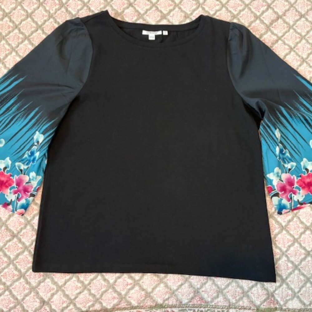 Chico's size 2 Elegant Black shirt with Flowered long bell sleeve